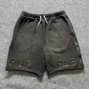 Purple Brand Shorts Mens Large Black Logo Fleece Sweat Zip Hem Denim
